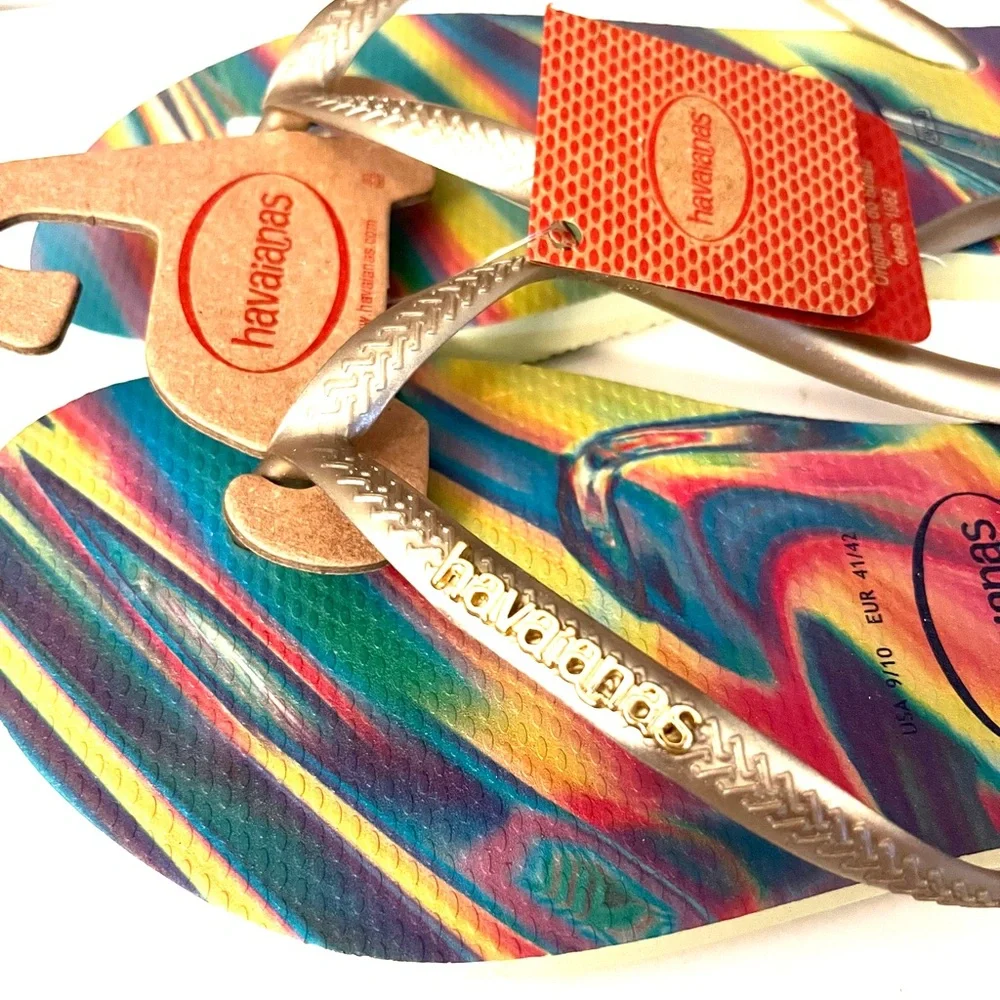 Havaianas Rainbow Swirl Flip Flops with Gold Straps Lime Green 9/10 women - Picture 4 of 8